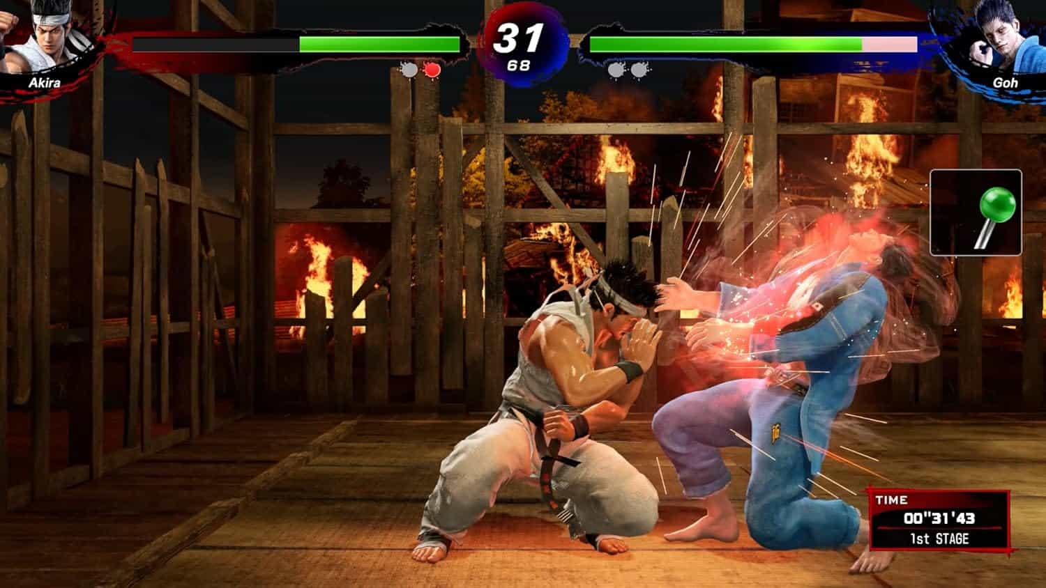 Virtua Fighter 5 R.E.V.O. gameplay with fighters in combat on a fiery stage.