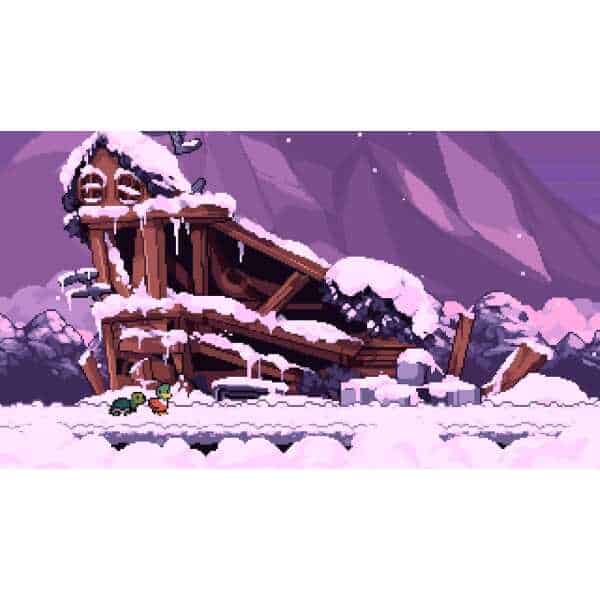 Snow-covered mountain cabin with broken roof and icicles, surrounded by snow and winter landscape.