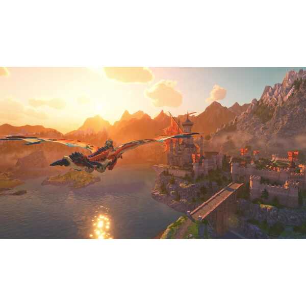 Dragon flying over a castle in a fantasy landscape at sunset.