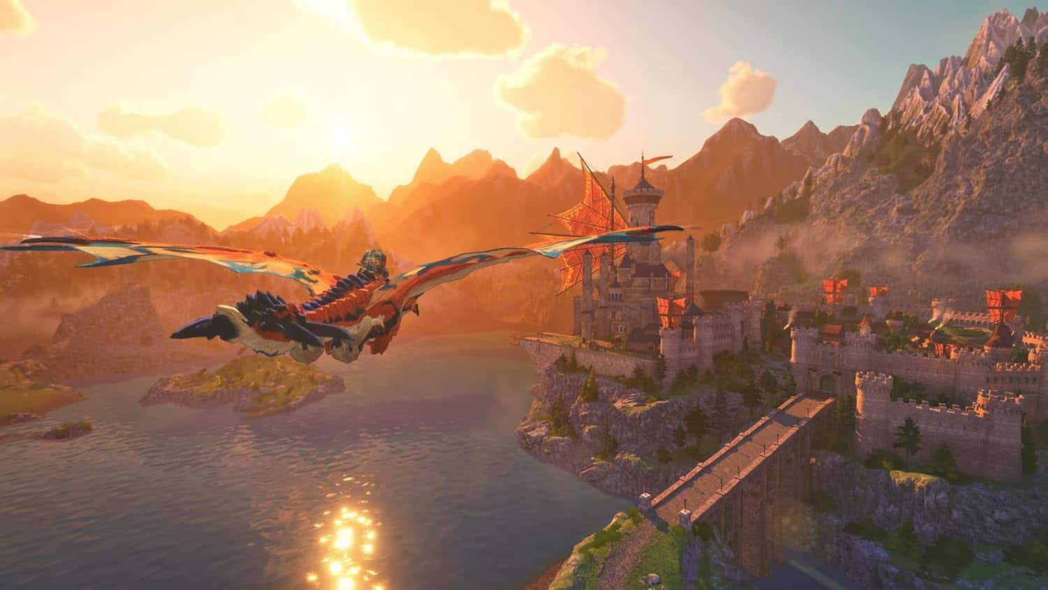 Dragon flying over a castle in a fantasy landscape at sunset.