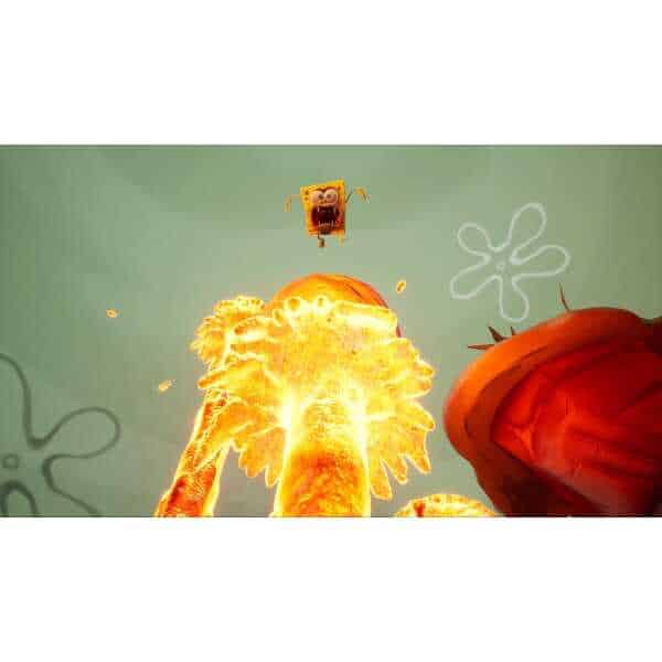 Cartoon character jumping over fiery explosion with playful background.