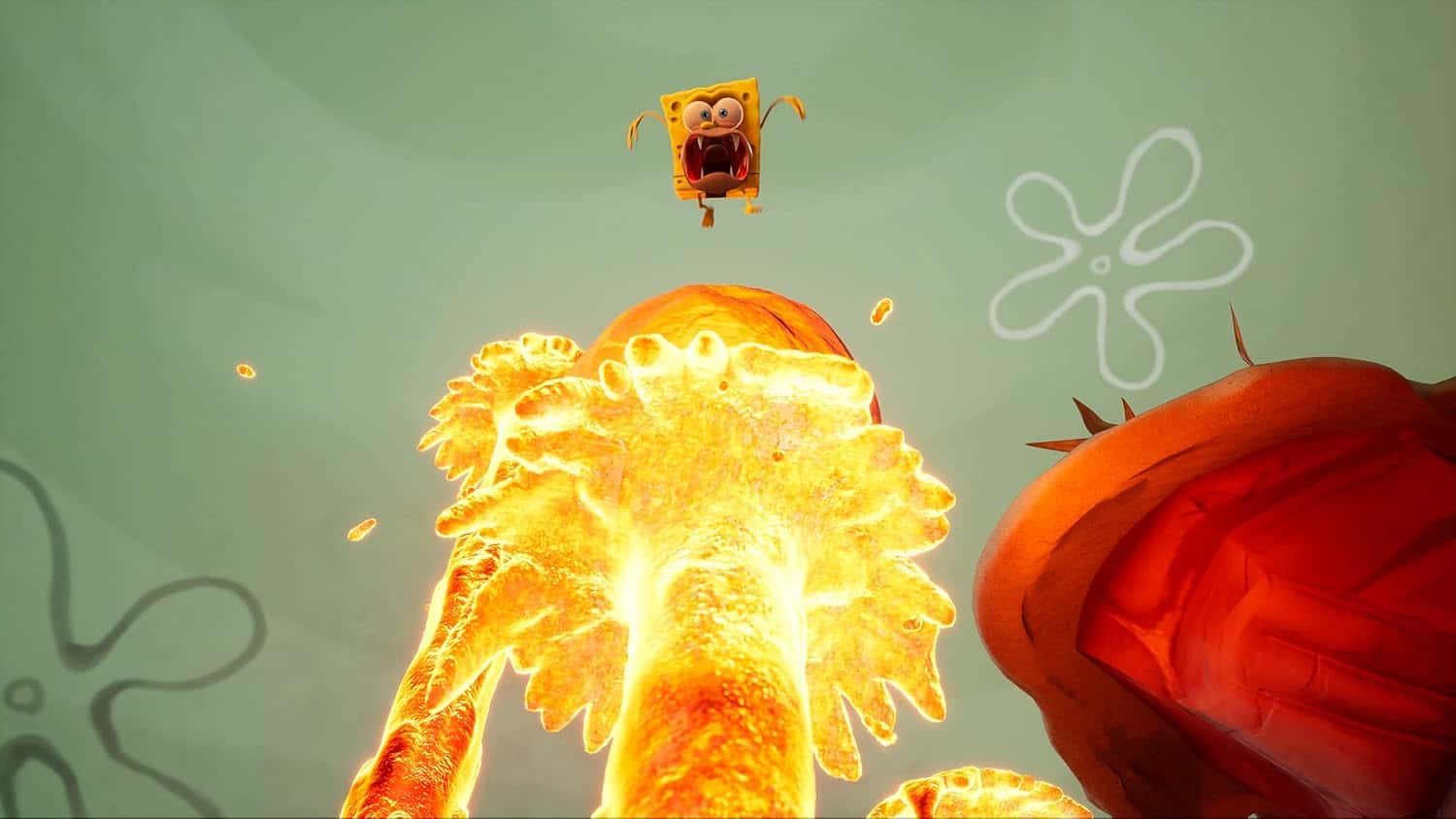 Cartoon character jumping over fiery explosion with playful background.