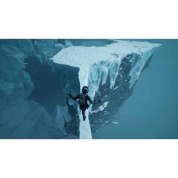 Adventure gaming scene featuring a climber navigating icy cliffs.