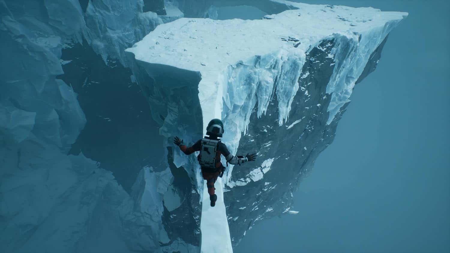 Adventure gaming scene featuring a climber navigating icy cliffs.