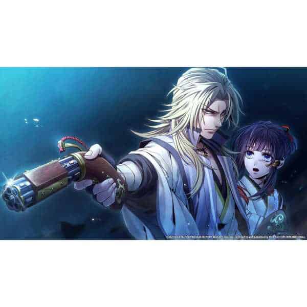 Homura wielding a gun in a dark, intense scene from The Crimson Warriors game.