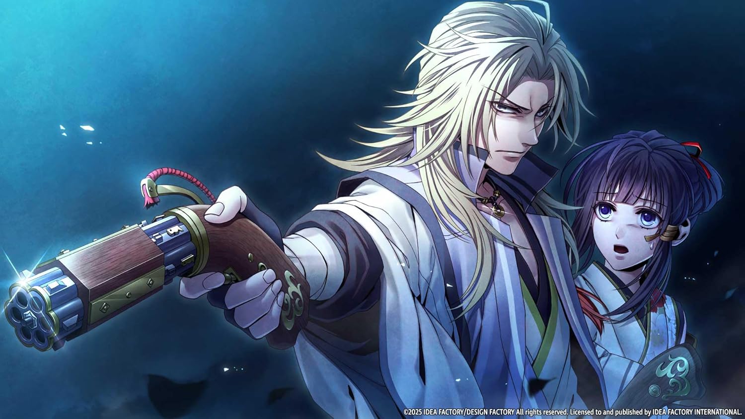 Homura wielding a gun in a dark, intense scene from The Crimson Warriors game.