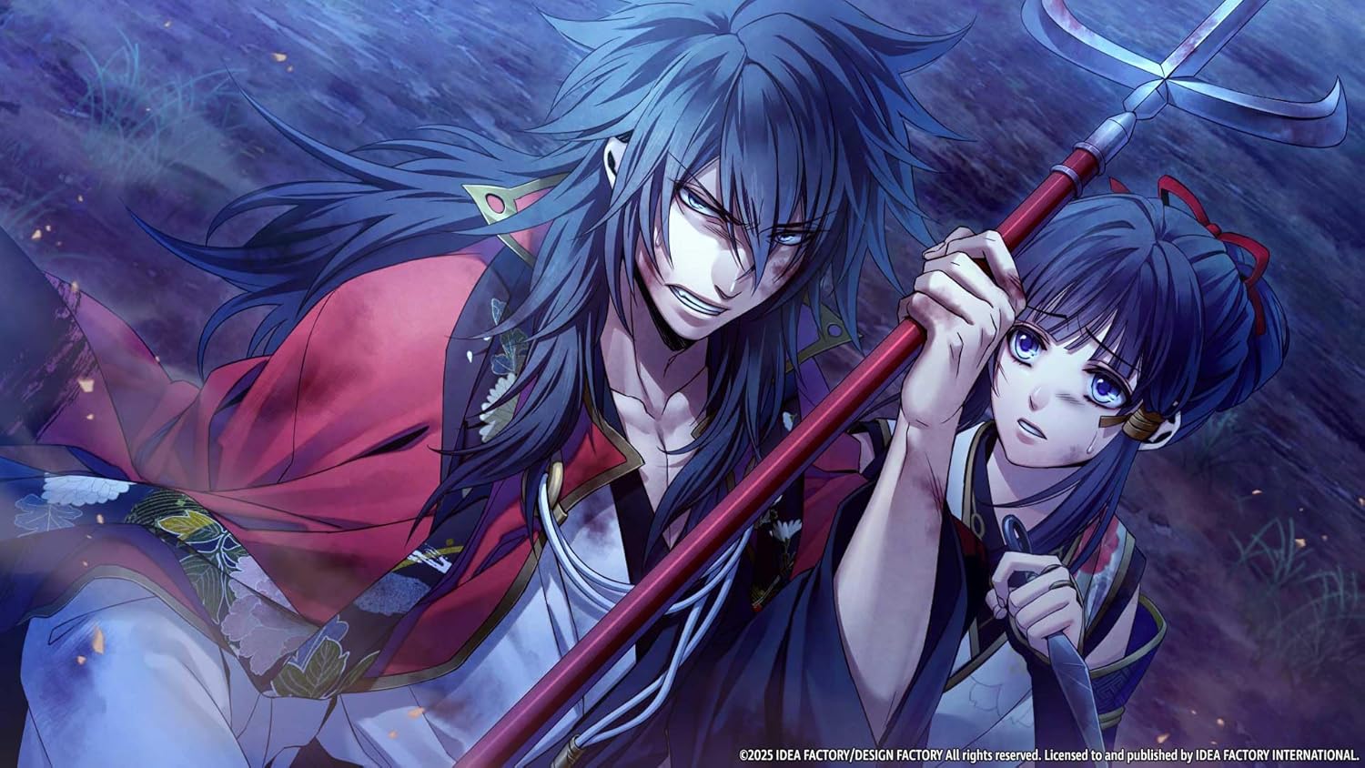 Homura from The Crimson Warriors wielding a spear in a dark forest.