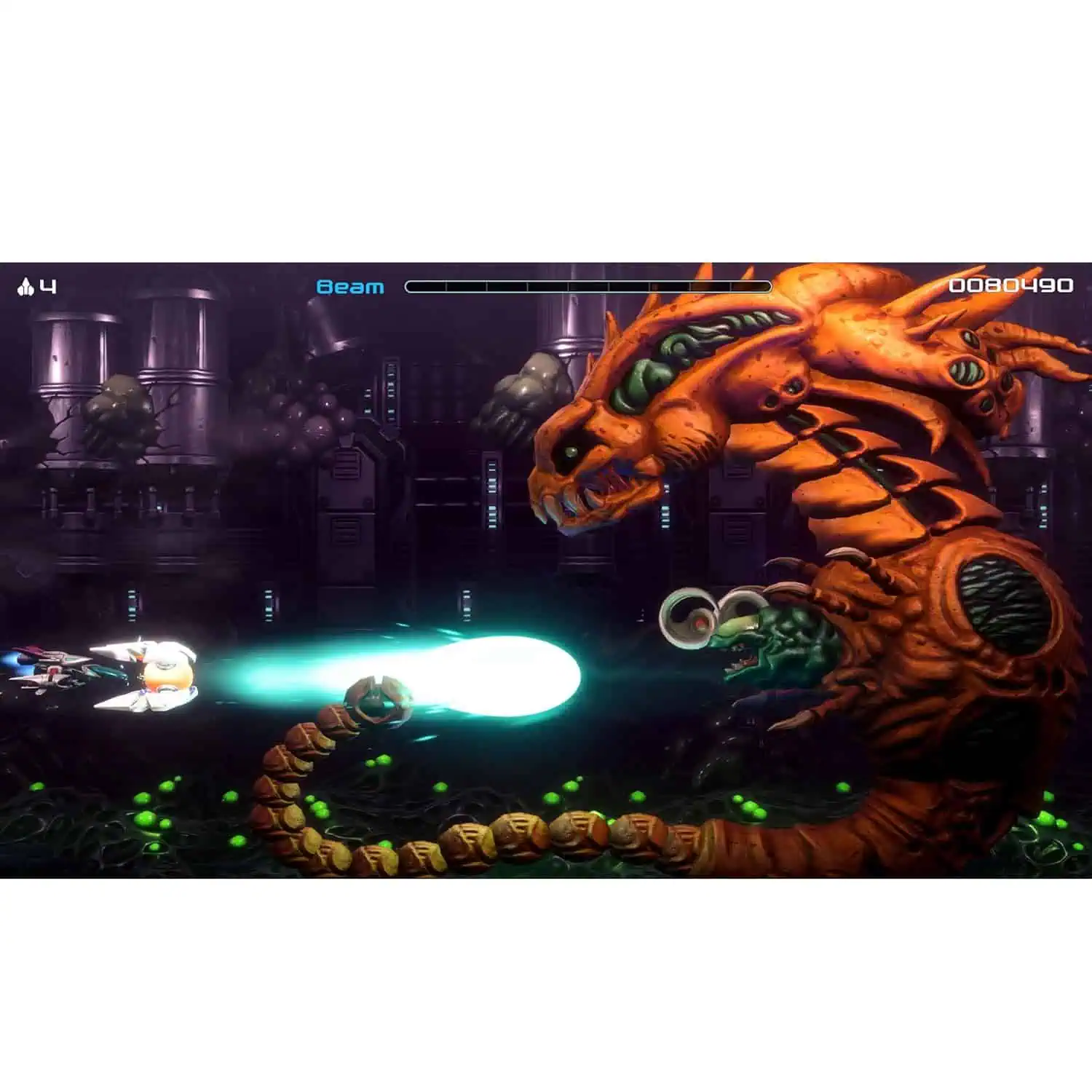 Classic R-Type spaceship battling a giant alien creature in R-Type Dimensions III.