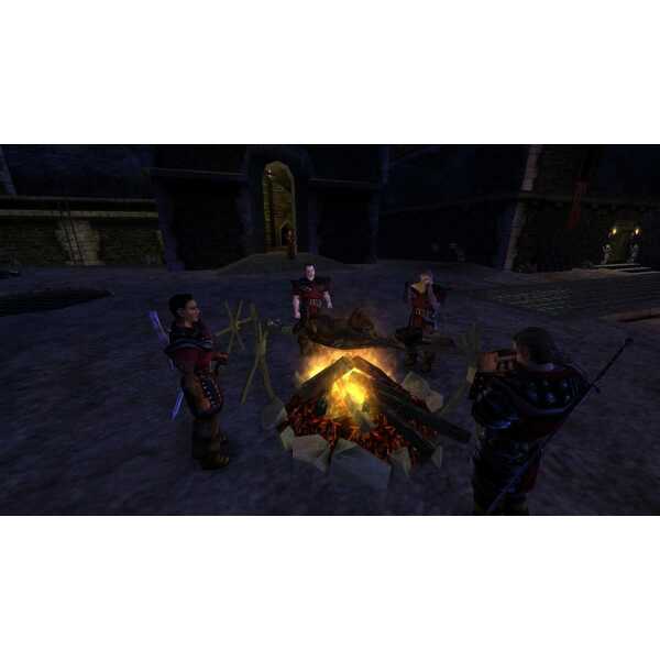 Medieval RPG characters gathered around campfire in a gameware setting.
