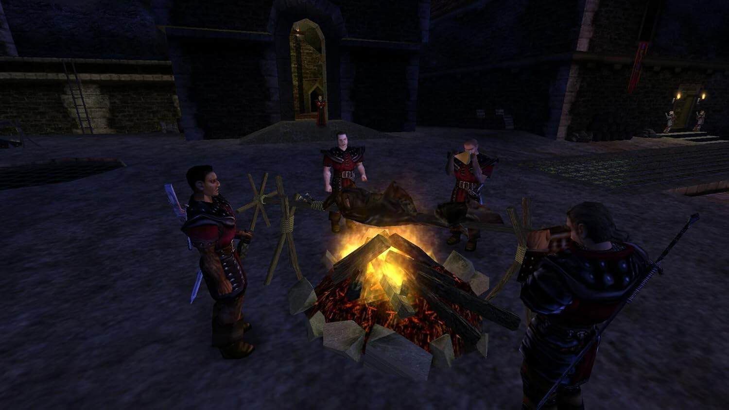 Medieval RPG characters gathered around campfire in a gameware setting.