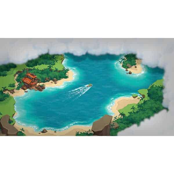 Tropical island with lush greenery, sandy beaches, and clear blue waters.