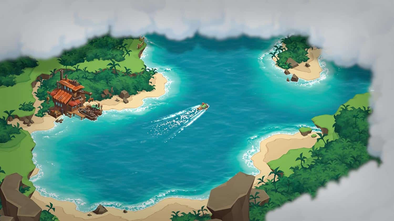 Tropical island with lush greenery, sandy beaches, and clear blue waters.