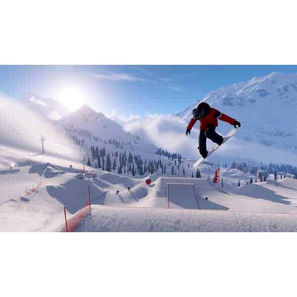 A snowboarder performs a jump at a snowy mountain ski resort during Shredders: Full Ride Edition.