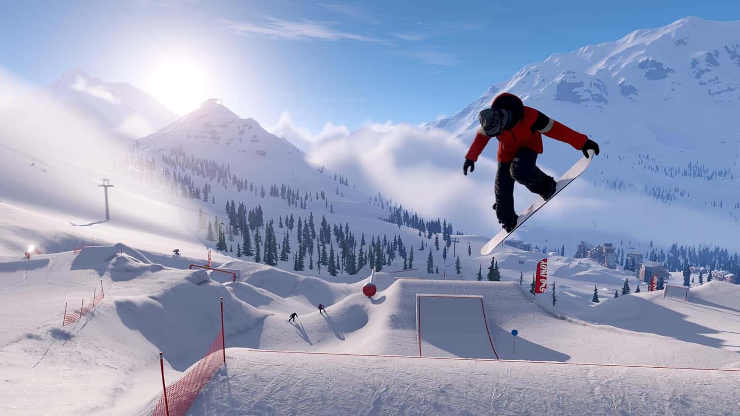 A snowboarder performs a jump at a snowy mountain ski resort during Shredders: Full Ride Edition.