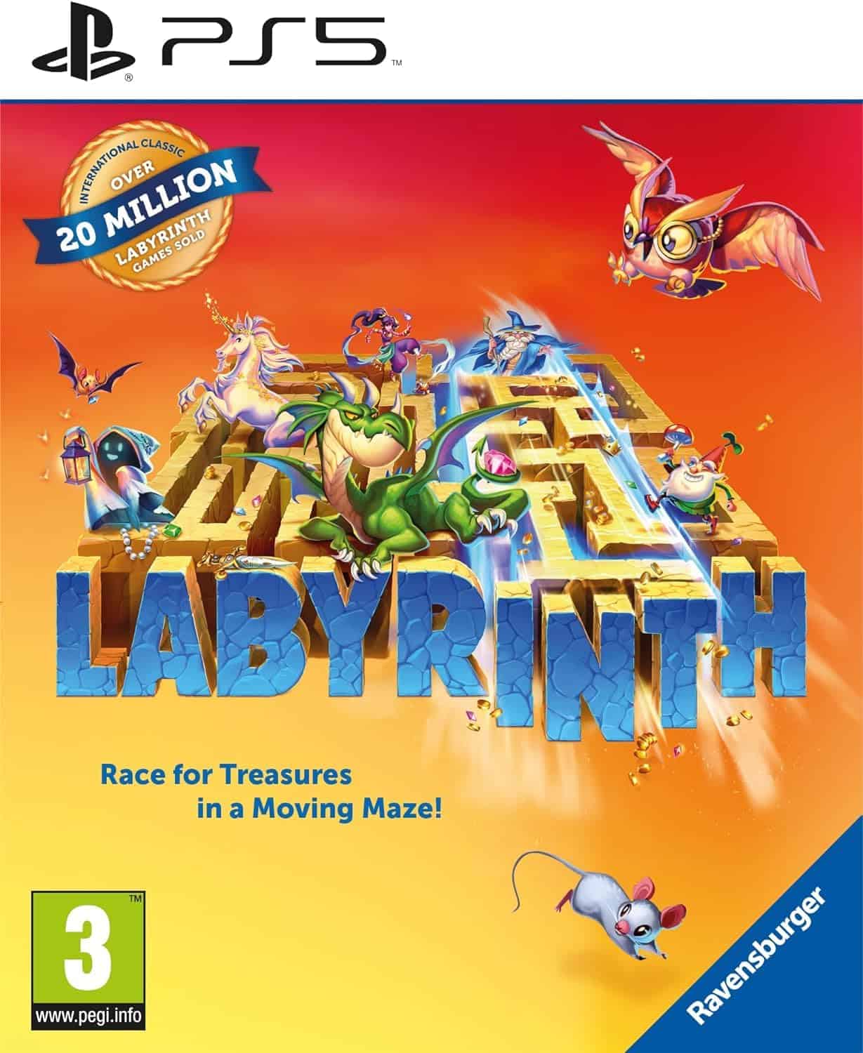 Brightly colored game cover featuring characters from the Labyrinth video game for PS5, emphasizing.