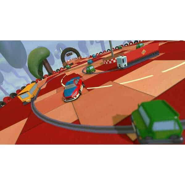 Colorful toy cars racing on a winding track for kids.