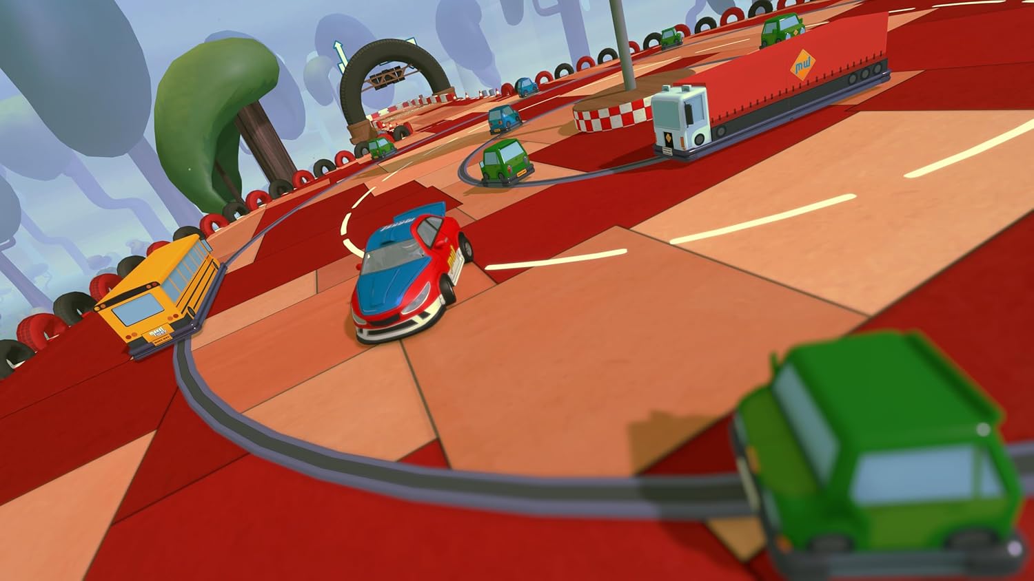 Colorful toy cars racing on a winding track for kids.
