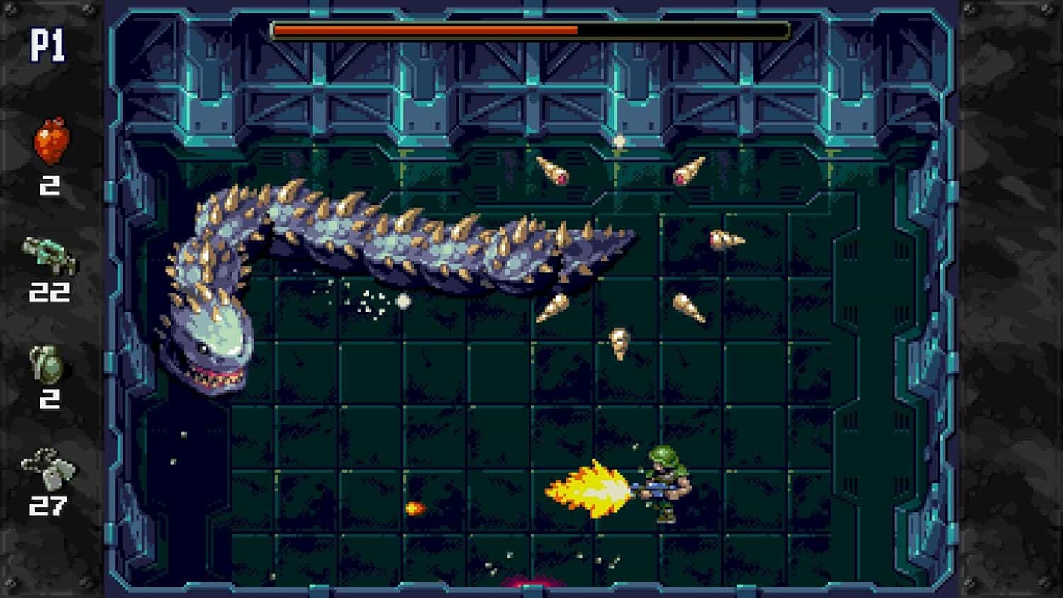 Classic sci-fi shooter game with spaceship and alien creature.
