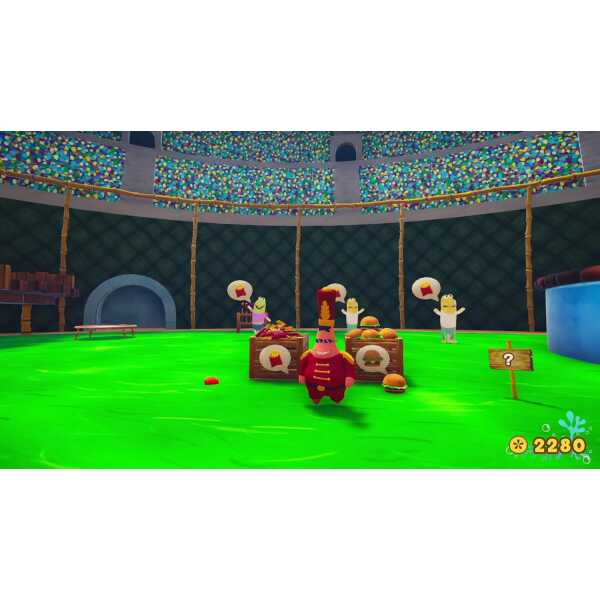 Virtual arena featuring adorable animal characters and food items in a colorful gaming environment.