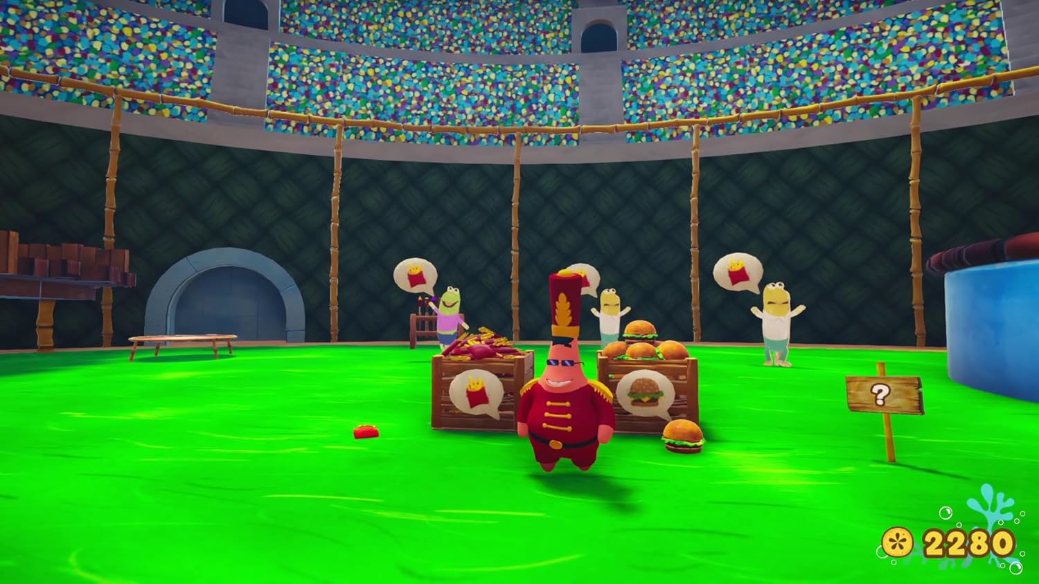 Virtual arena featuring adorable animal characters and food items in a colorful gaming environment.