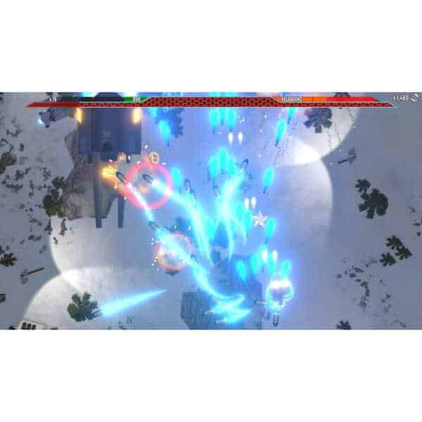 Arcade-style snow battle game with vibrant visuals and dynamic spaceship combat.