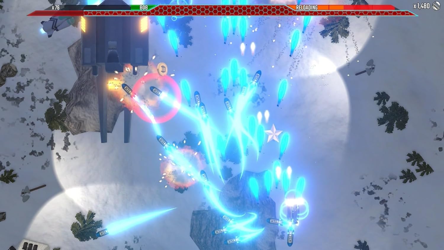 Arcade-style snow battle game with vibrant visuals and dynamic spaceship combat.