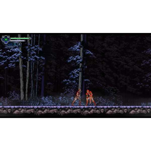 Pixel art forest scene with two characters fighting at night.