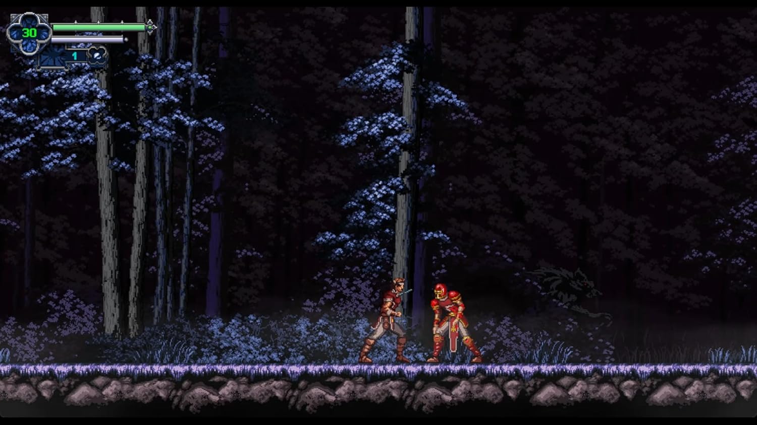 Pixel art forest scene with two characters fighting at night.