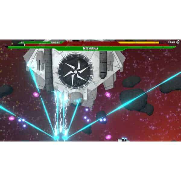 Space-themed arcade game with spaceship firing lasers at asteroids and enemies.