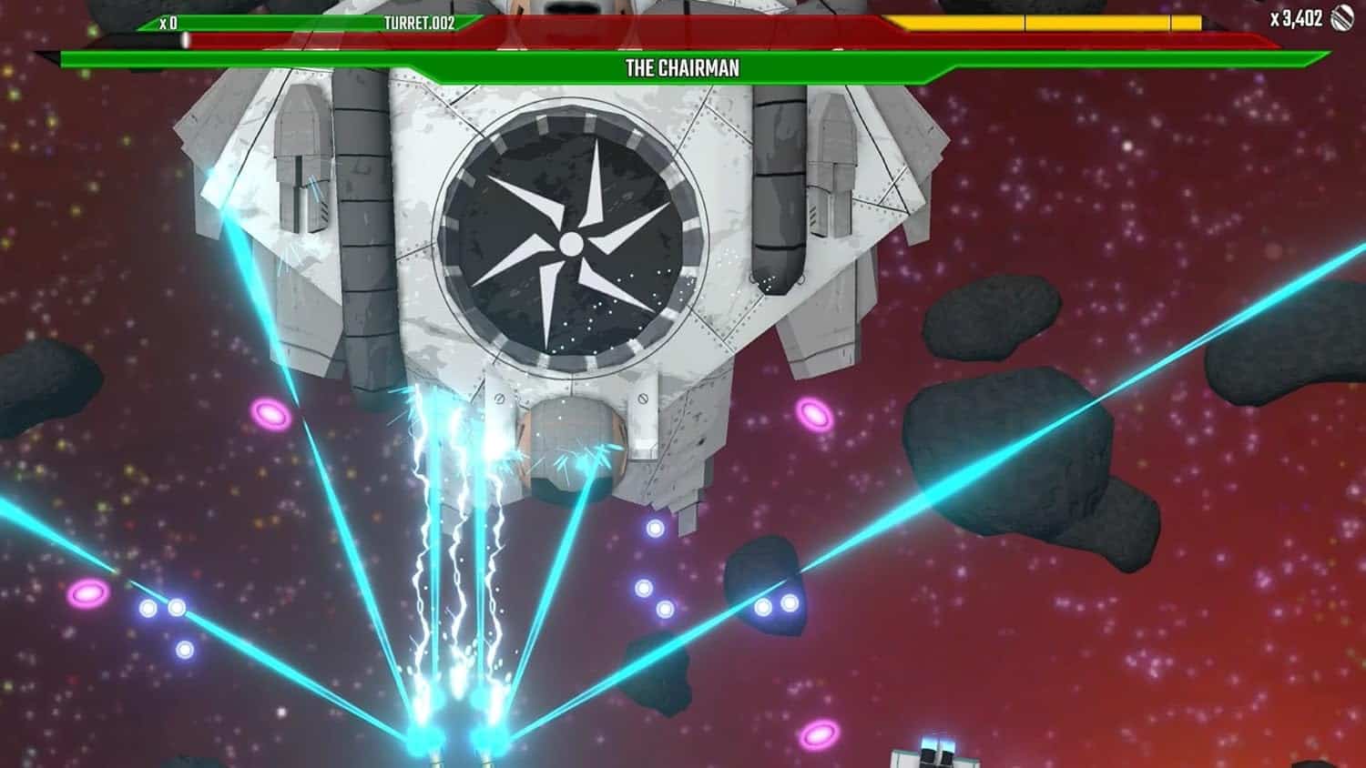 Space-themed arcade game with spaceship firing lasers at asteroids and enemies.