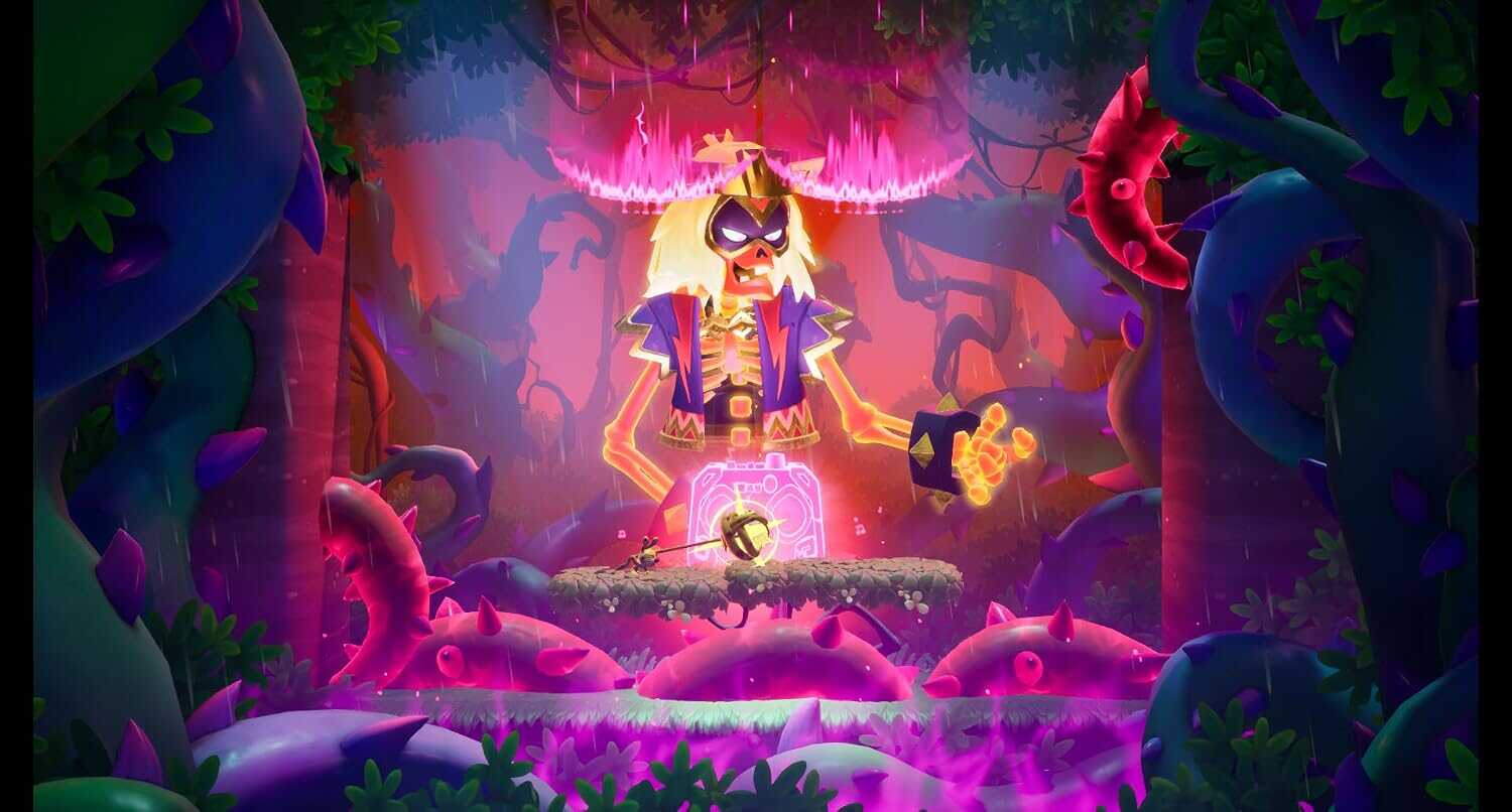 Vibrant game scene with a skeleton character in a colorful jungle setting.