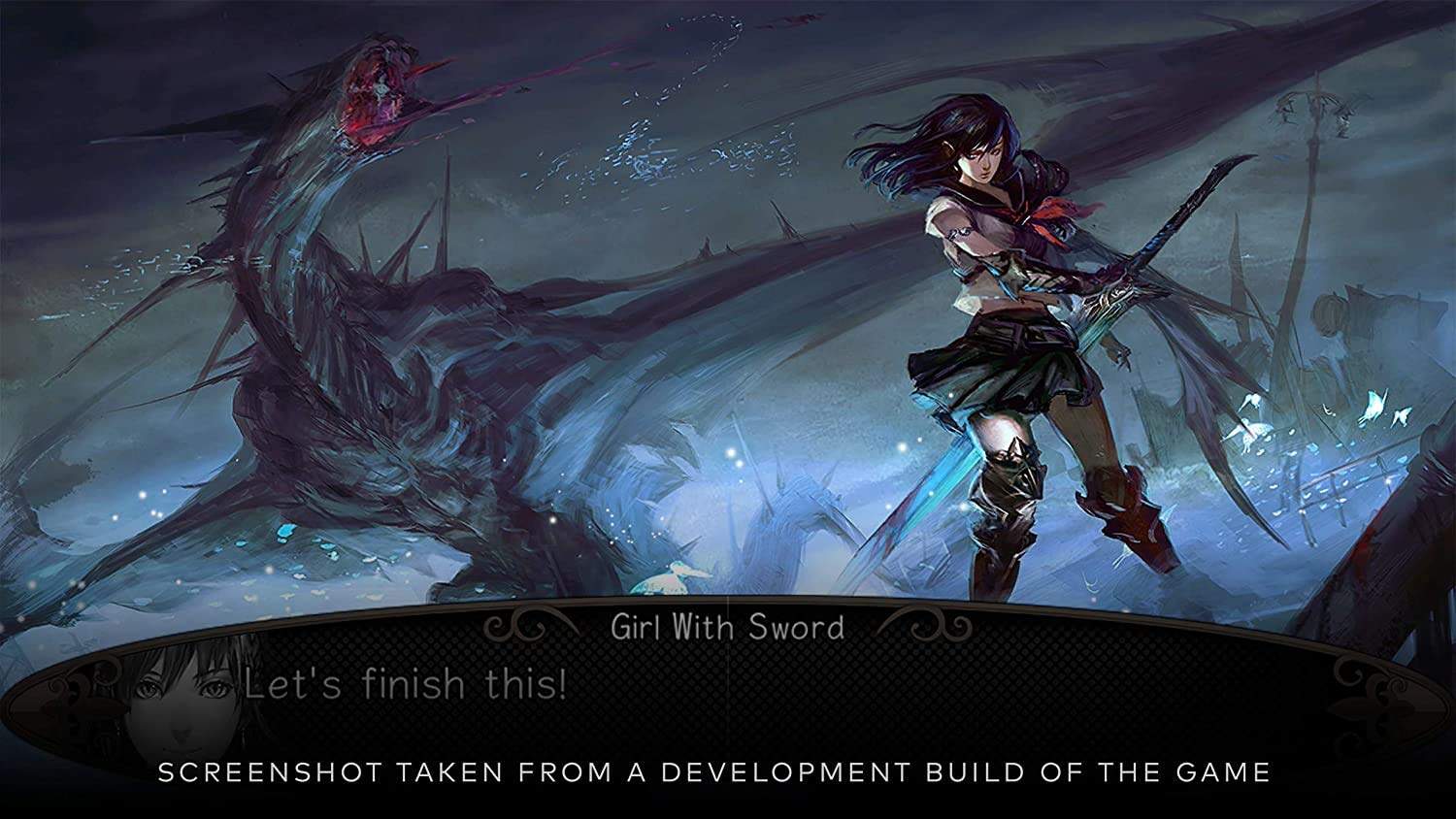 Girl wielding a sword in a dark fantasy setting, ready for battle.