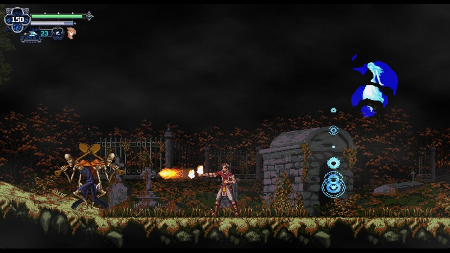 Pixel art action game scene with characters fighting in a dark, atmospheric environment.