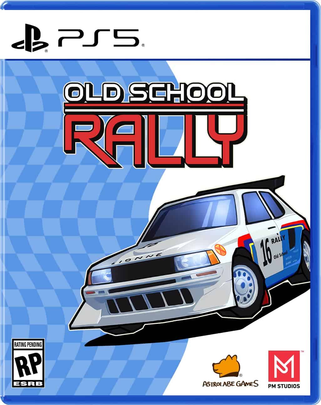 Classic rally car from Old School Rally game for PS5, racing on a blue checkered background.