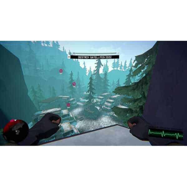 Exploring a forested landscape with destroyed satellites and vehicles, emphasizing survival and stra.