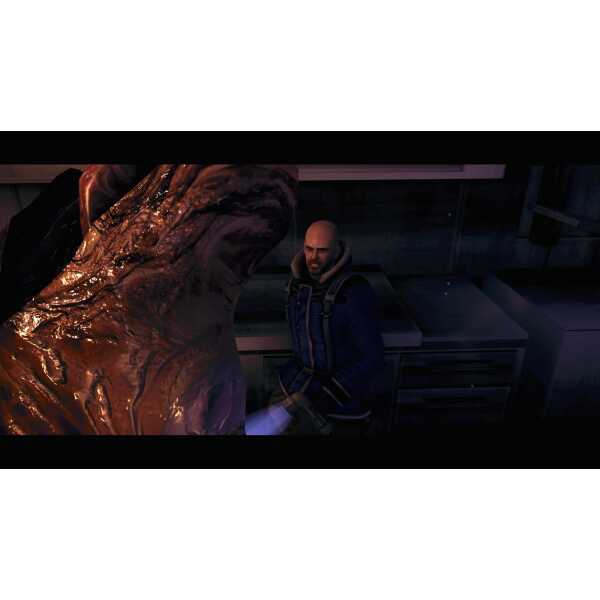 Futuristic game character facing alien creature in sci-fi environment.
