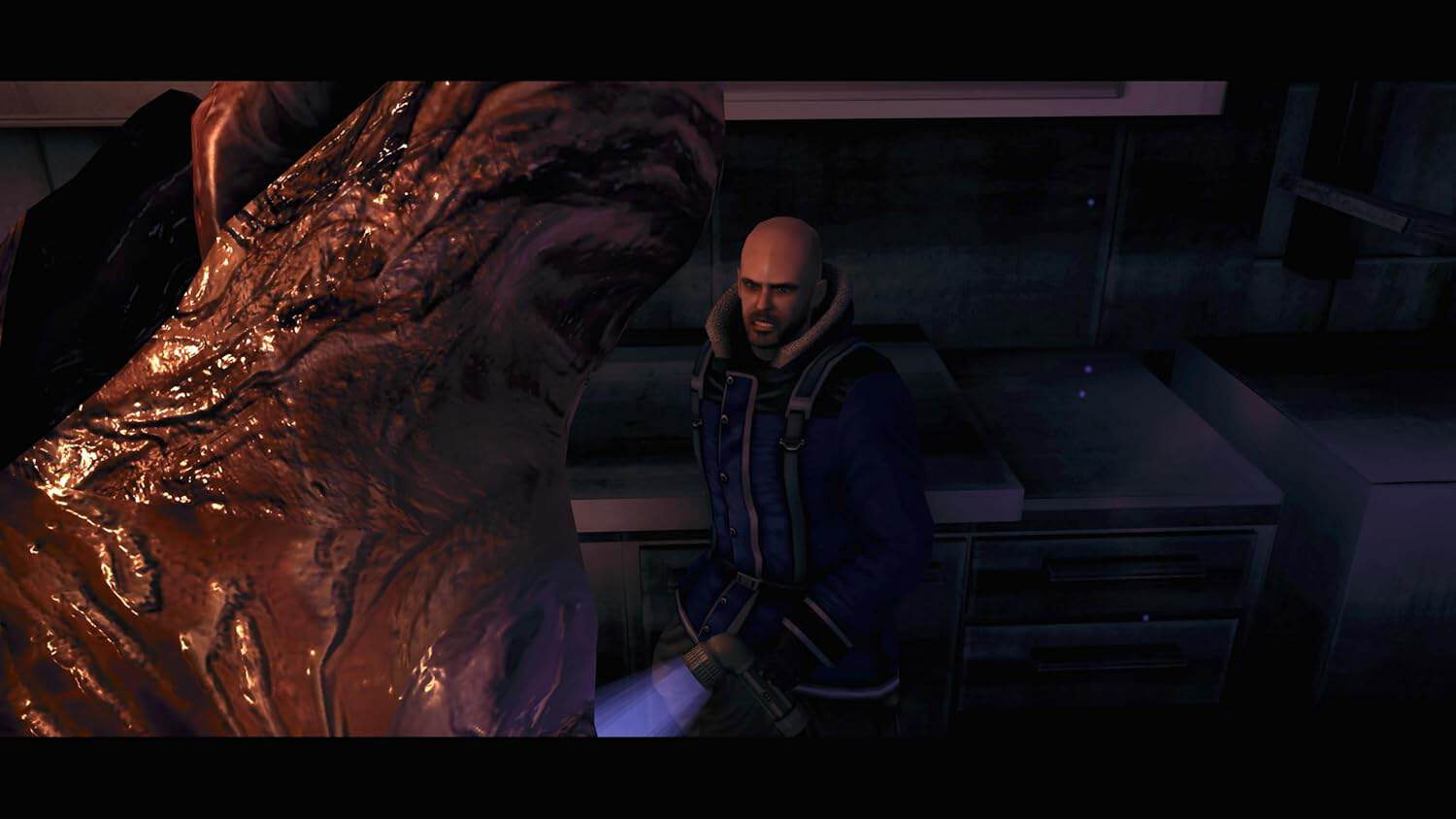 Futuristic game character facing alien creature in sci-fi environment.