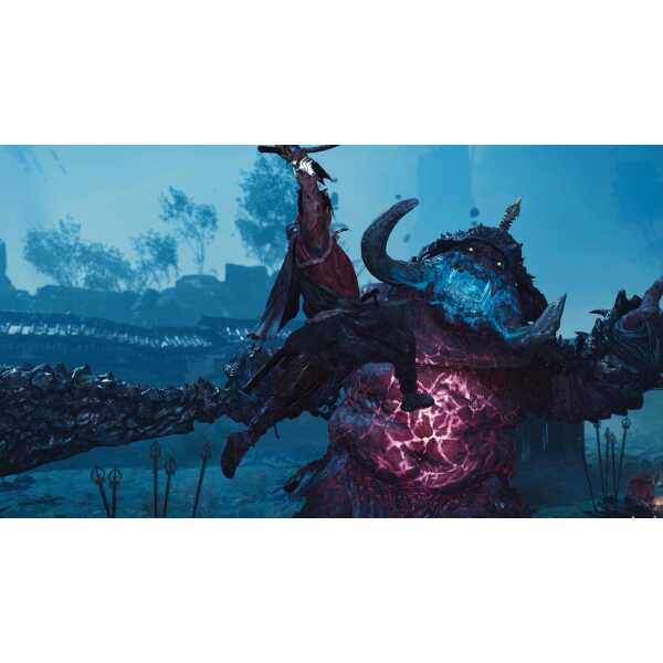 Fierce warrior fighting a monstrous creature in a dark fantasy setting.