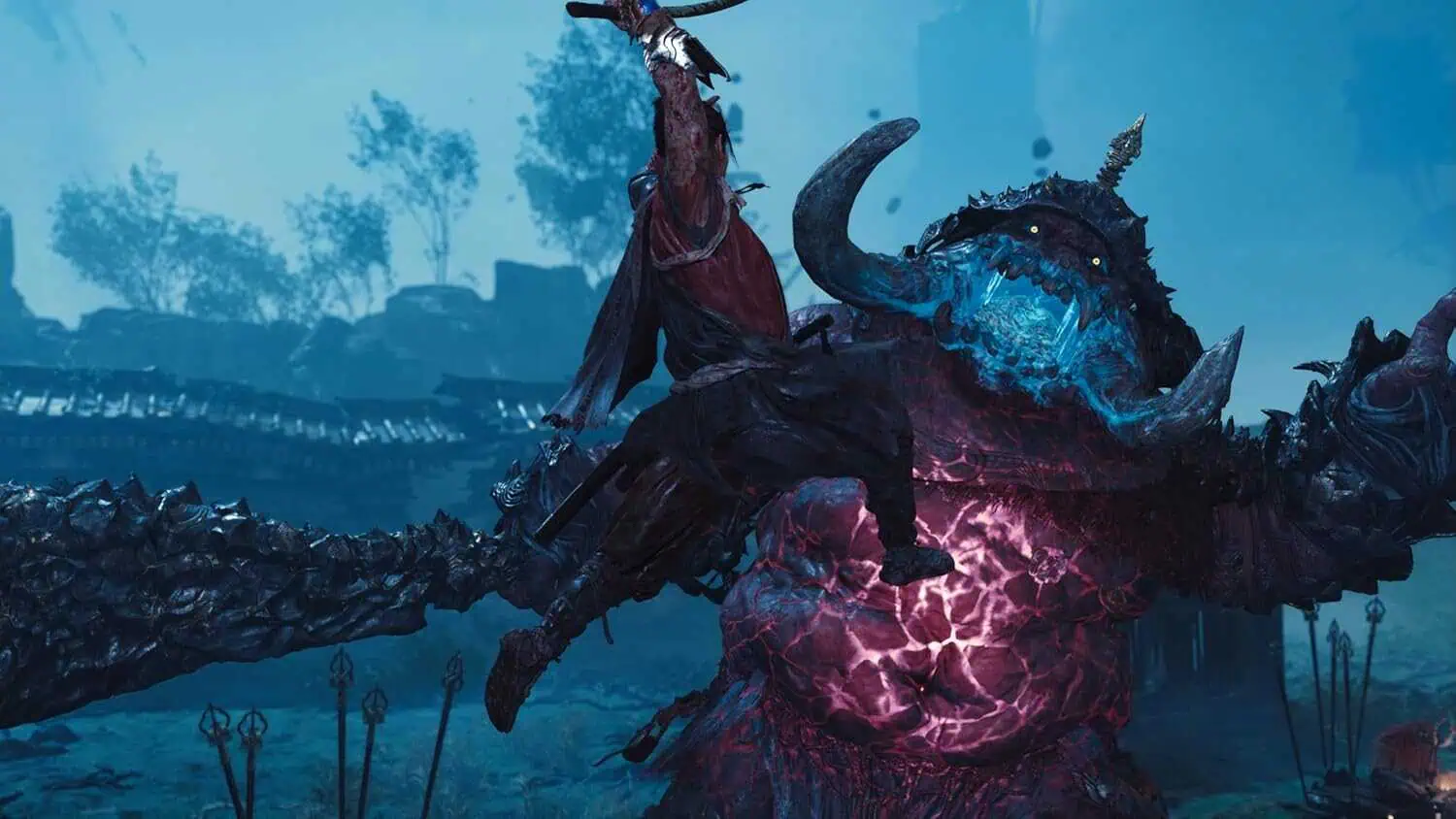 Fierce warrior fighting a monstrous creature in a dark fantasy setting.