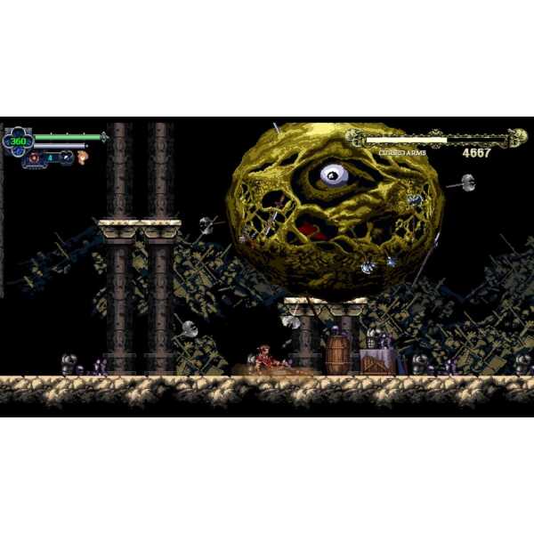 Epic 2D action game screenshot featuring a giant, menacing monster with a large eye and grotesque fe.