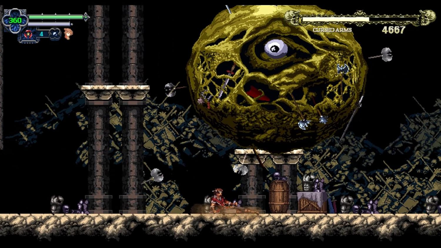 Epic 2D action game screenshot featuring a giant, menacing monster with a large eye and grotesque fe.
