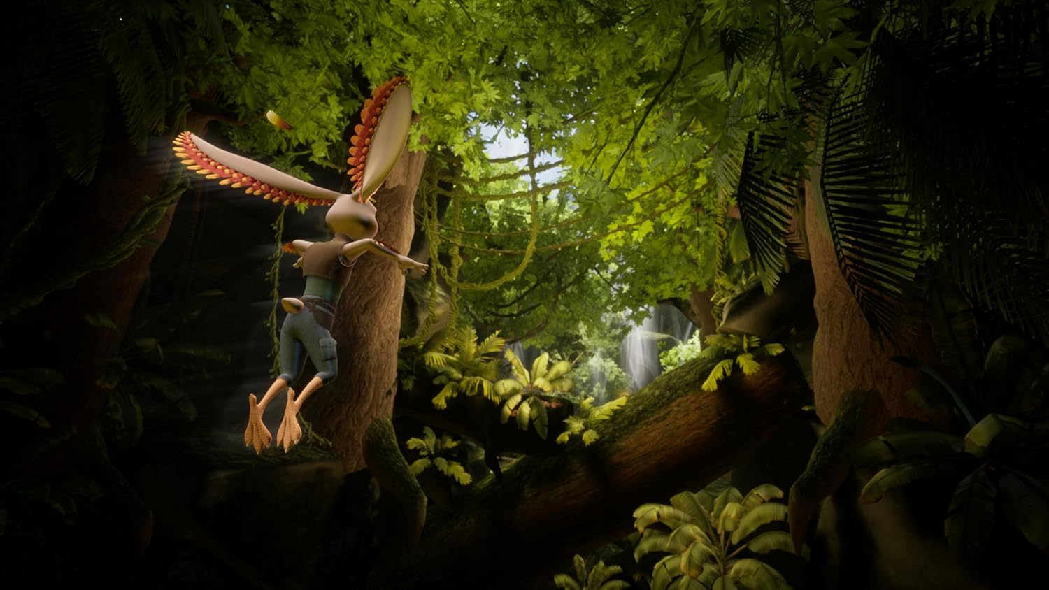 Chickenhare swinging in lush jungle for Treasure of Spiking Beard game.