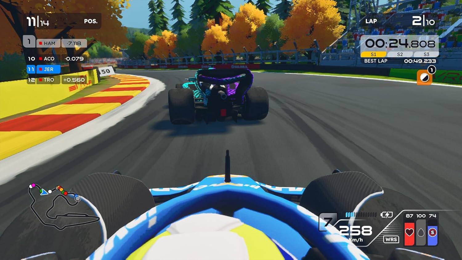 High-speed Formula Legends Legacy Edition race car on a vibrant racing track.