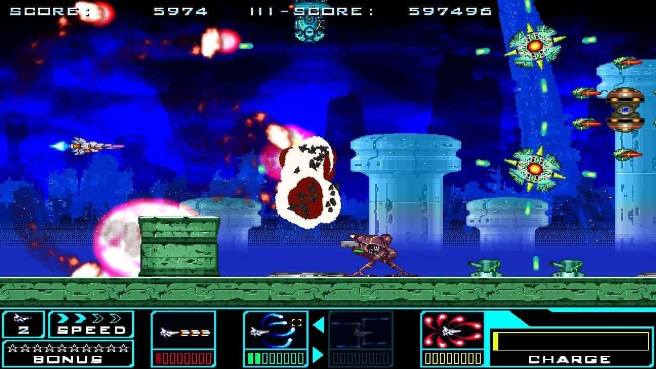 Arcade-style space shooter with vibrant visuals and intense enemy battles.