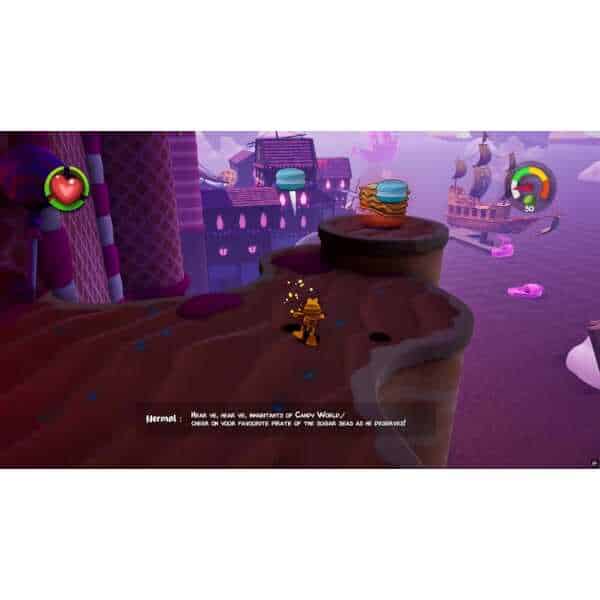 Colorful game scene with Garfield character on a floating island.