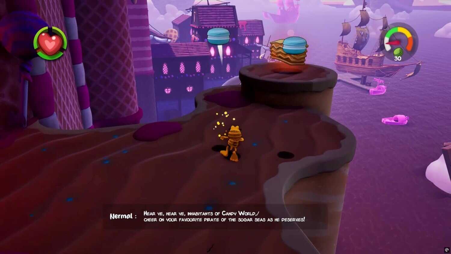 Colorful game scene with Garfield character on a floating island.