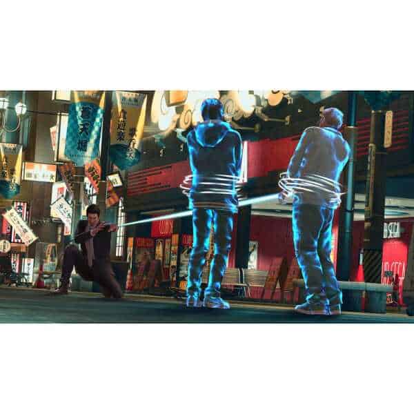 Futuristic holographic characters interacting on a vibrant city street at night.