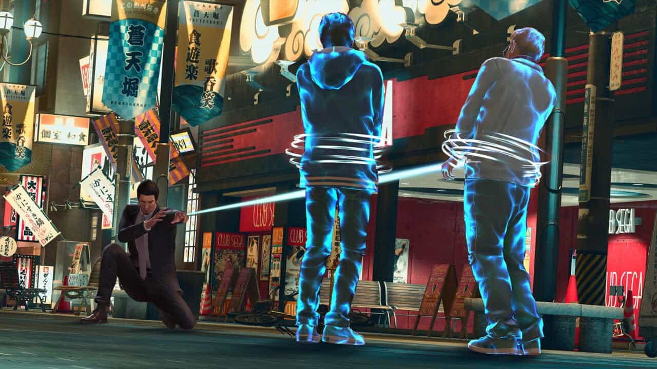 Futuristic holographic characters interacting on a vibrant city street at night.