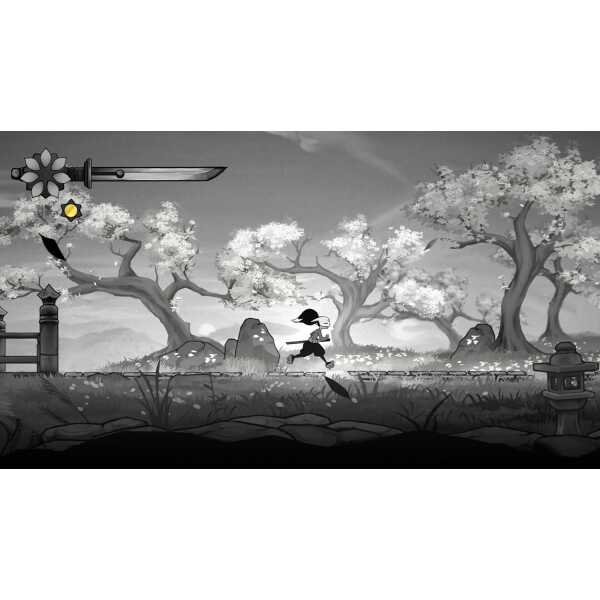 Black and white scene from Gameware Gurei with a running character and trees.