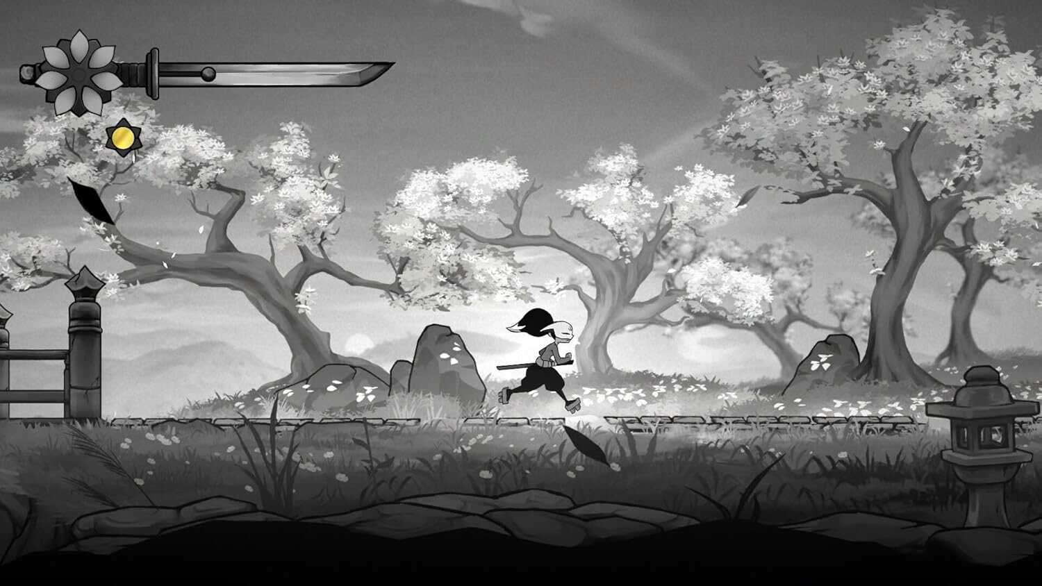 Black and white scene from Gameware Gurei with a running character and trees.